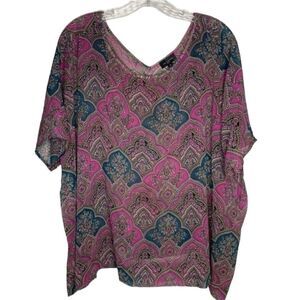 The Limited Pink Blue Tan Floral Sheer Short Sleeve Top M